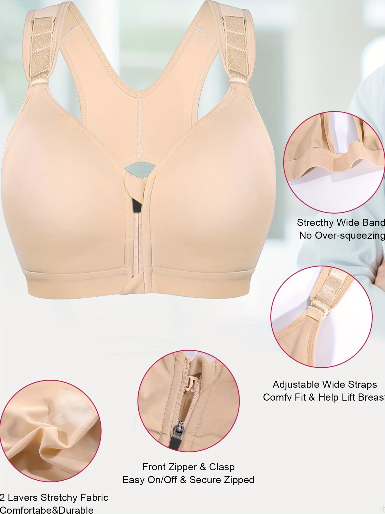 Women's Zipper Front Sports Bra Wireless Post-Surgery Bra Full Support Plus  Size 
