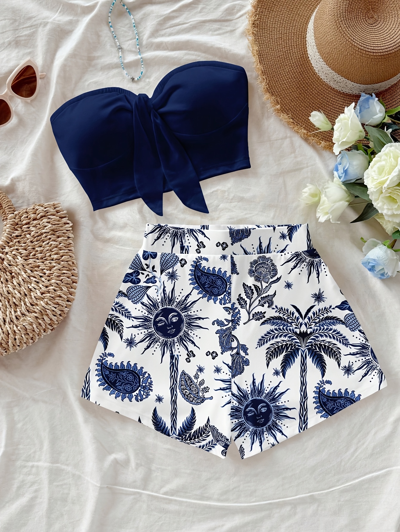 ms   island vacation coconut tree and sun god paisley print 2pcs set suitable for vacation summer and fashionable spring wear
