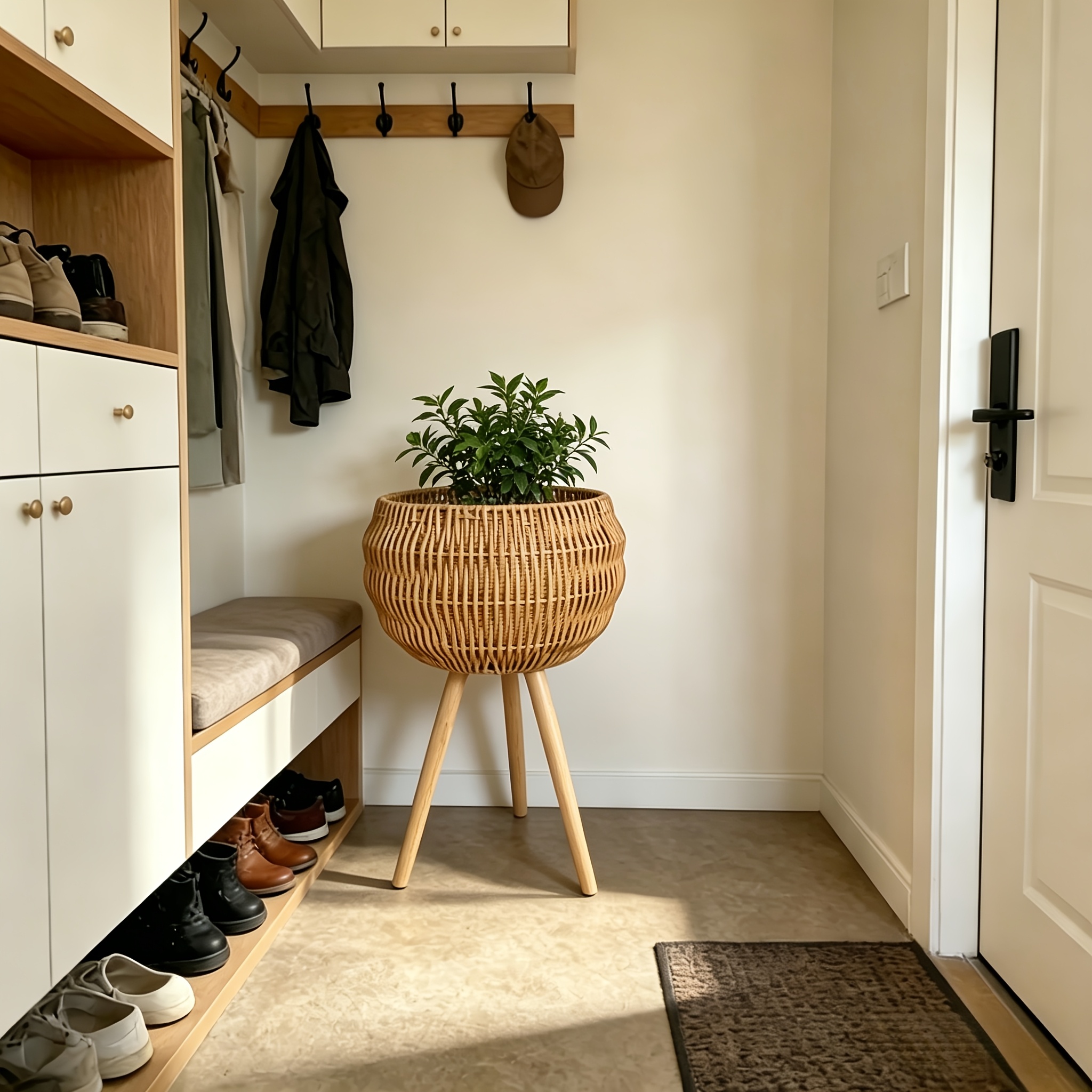 1pc Boho Rattan Plant Pot with Wooden Tripod Stand, Hand Woven Basket Planter with Liner, Ideal for Indoor Plants, Living Room, Balcony, Apartment, Perfect for Renters