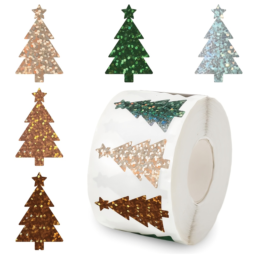 TEMU 500pcs Christmas Tree Holographic Stickers 5 Colors Green Brown Christmas Bohemian Tree Self-adhesive Labels Stickers For Home Parties Crafts