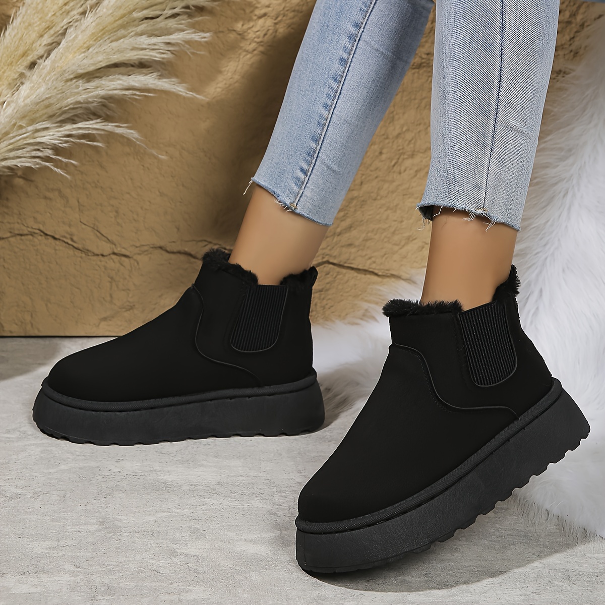 

Women's Cozy Fleece-lined Snow Boots - Stylish Black, Sole, Slip-on, Round Toe With Corduroy Upper