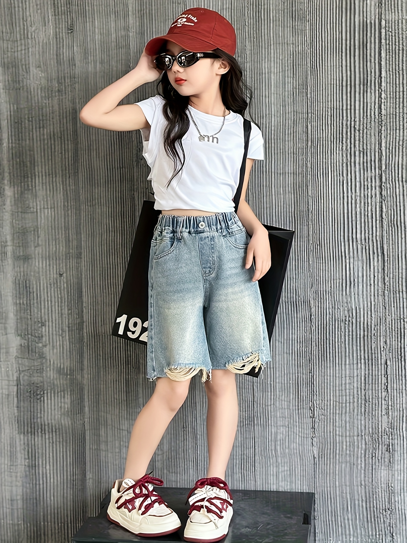 vintage denim shorts girls blend geometric Temu Oman - Main Image