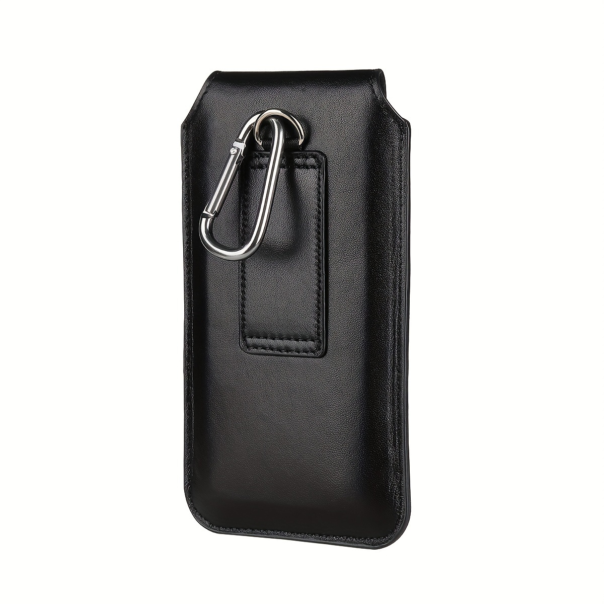 portable dual brown and black faux leather phone case with a belt loop for easy carrying includes a spring clip carabiner for hanging on backpacks waist belts and magnetic closure four sizes available for iphone samsung motorola
