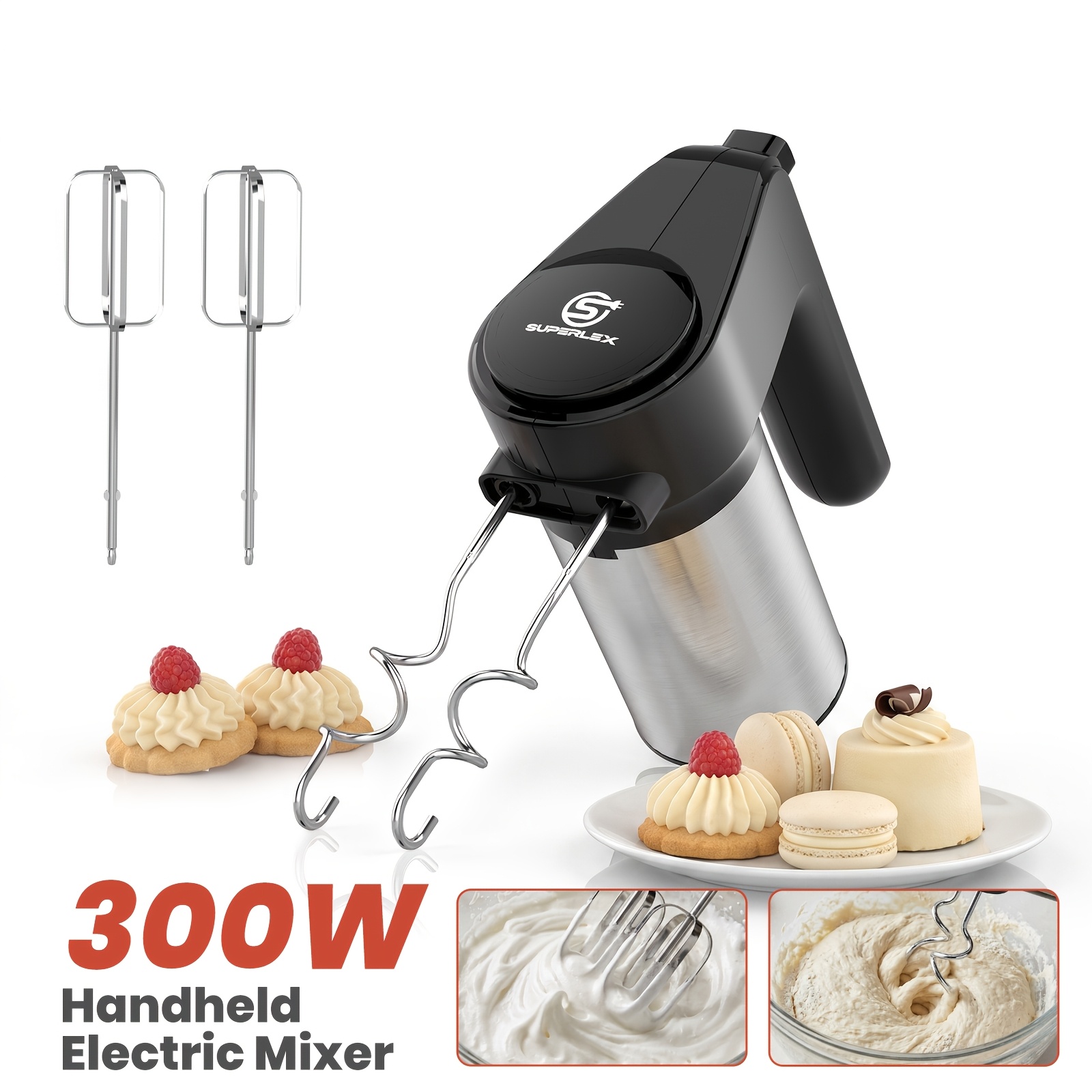 Image of Superlex Hand Mixer 300w, 5-speed Electric Whisk With Turbo, Slow Start, Stainless Steel Beaters & Dough Hooks, One-button , Ss , Perfect For Cakes & Bread Dough