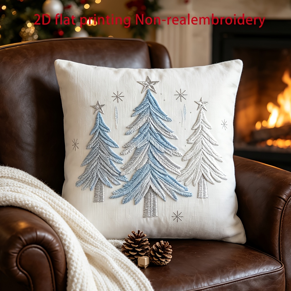 TEMU 2d Flat - 2d Pillowcase, Pillow Insert Not Included. Single-sided Pillowcase With White Background And Blue And Silvery Gradient Christmas Tree