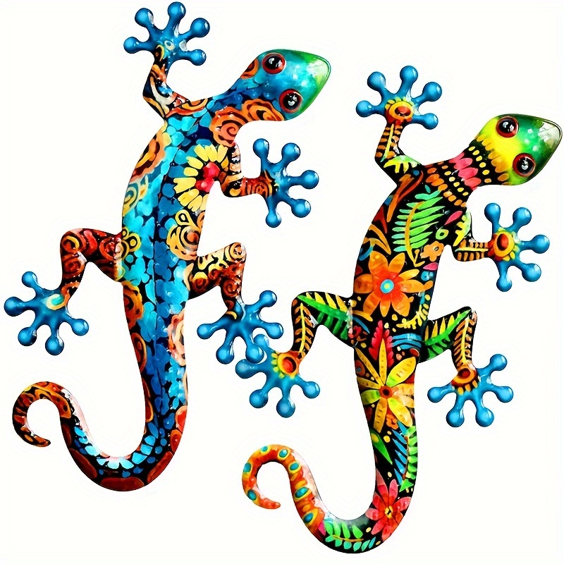 

2pcs Metal Wall Art - Vibrant Lizard Sculptures For Outdoor Garden & Fence Decor, No Power Needed