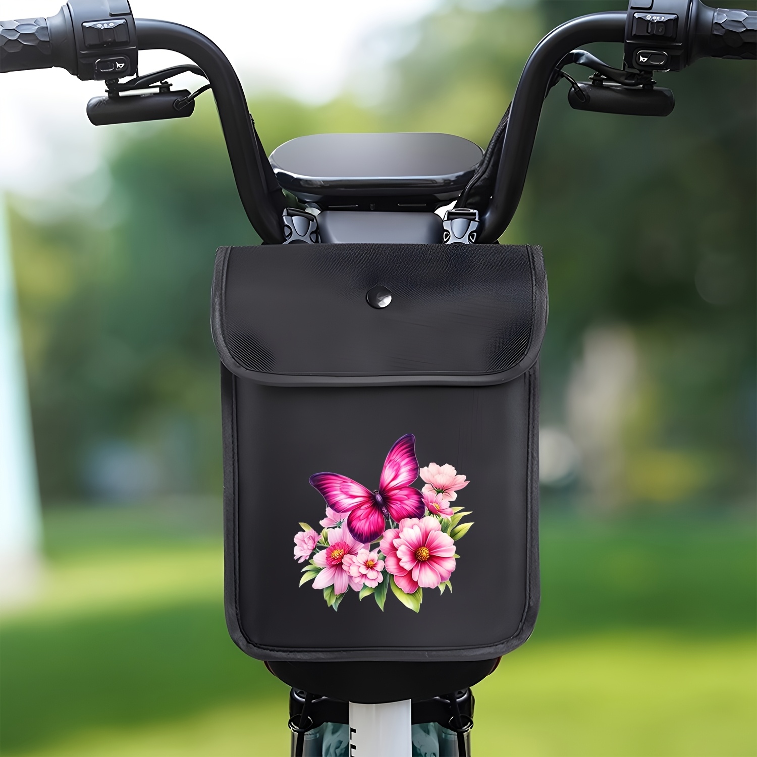 TEMU 1 stuks Stuurtas, Roze-Paarse Vlinder met Roze Bloem en Groene Bladeren Stuurtas, Fietszak, Elektrische Voertuig Tas, Zwarte Modieuze en