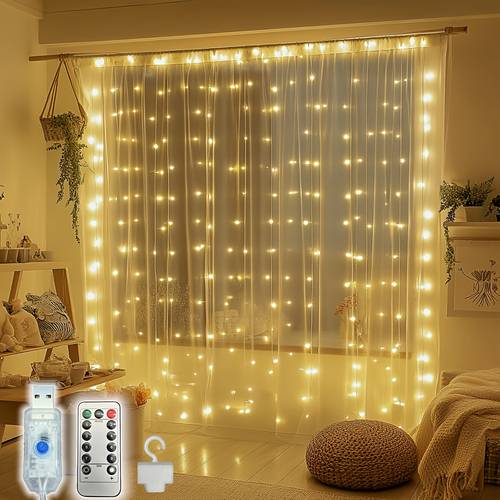 1pc christmas fairy lamp 300led fairy tale curtain lamp usb plug 8 including timing dimming function diy bedroom modeling suitable for christmas valentines wall living room decoration with remote control and hooks