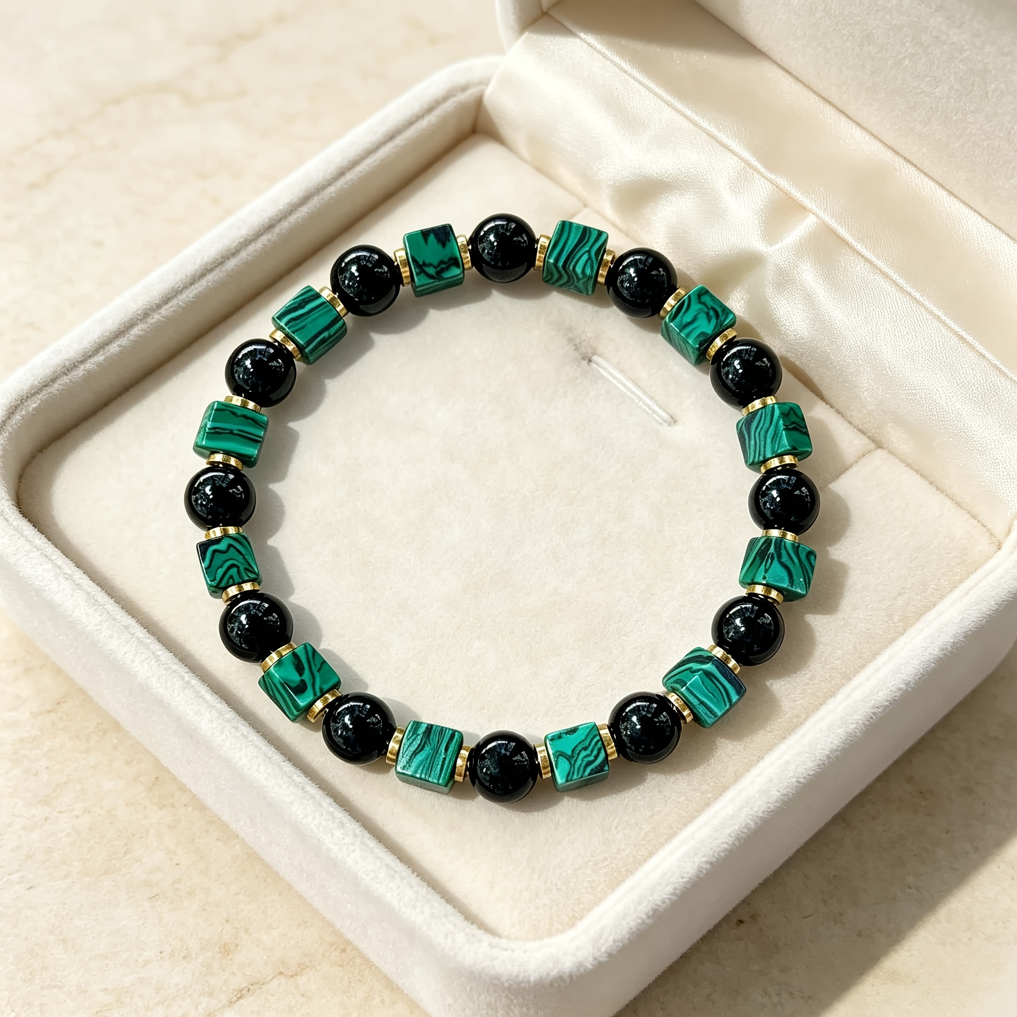 TEMU 1pc Natural Malachite And Obsidian Bracelet, Grounding And Protective Wealth-attracting Bracelet, Suitable For Everyday Wear, Unisex, Bohemian-