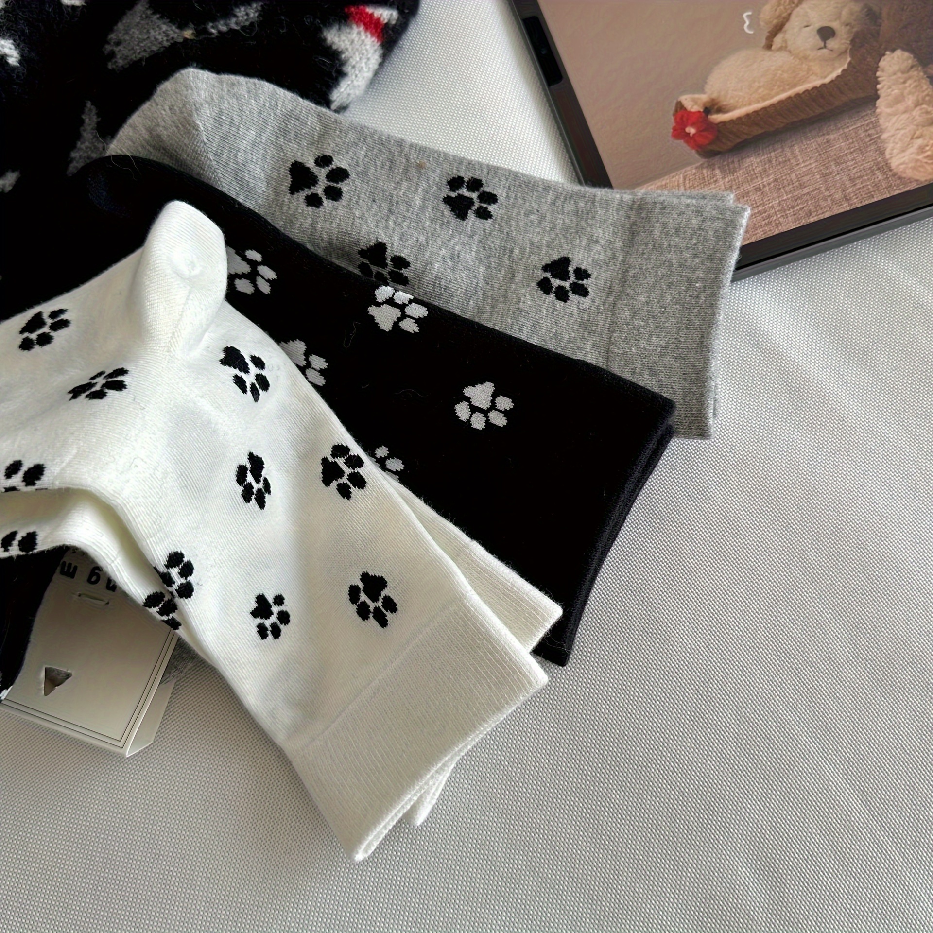 

3pairs Korean Cute Cartoon Dog Paw Pile Socks Ins College Style Mid-calf Socks