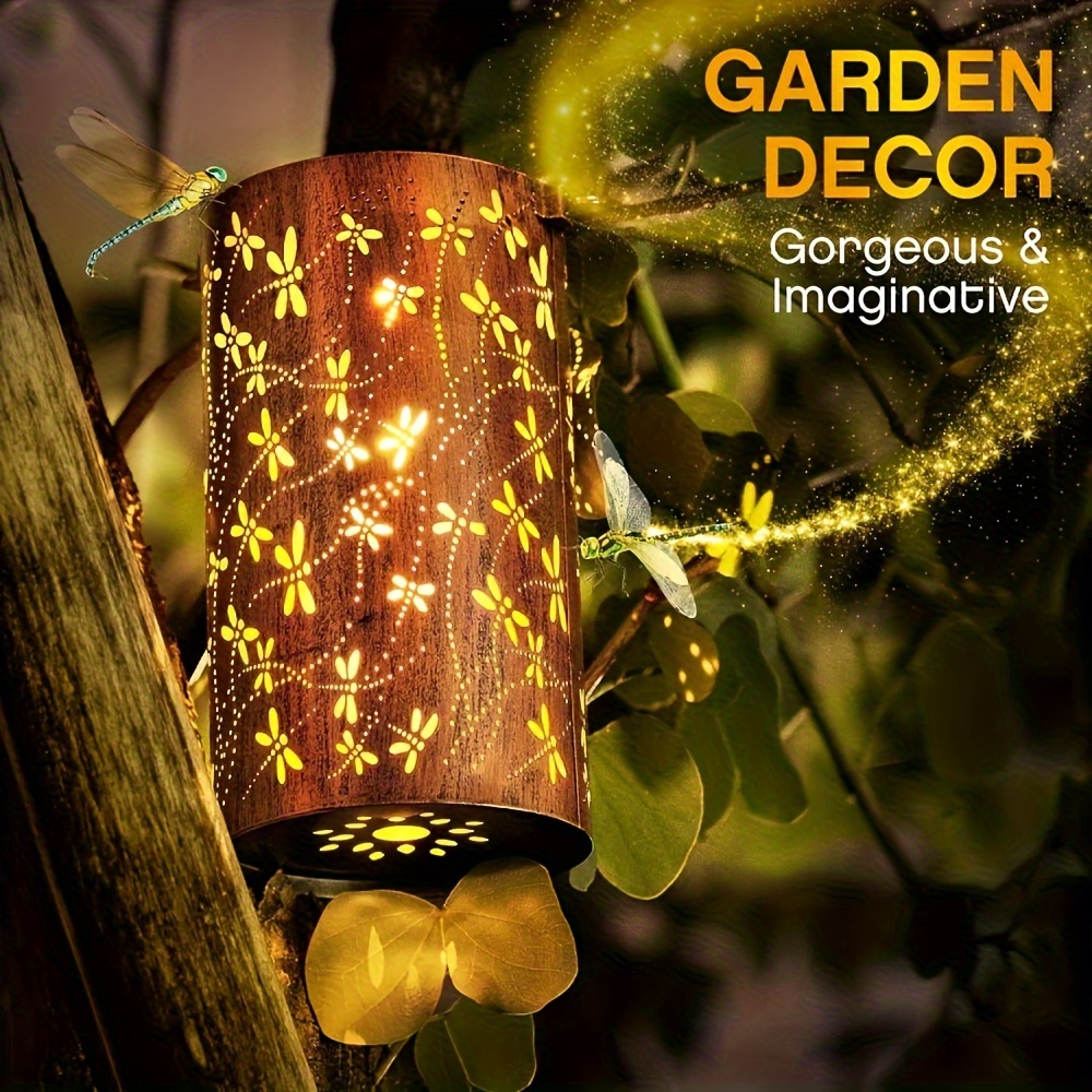 

1pc Solar-powered Dragonfly Light, Outdoor Garden Decor, Metal Hollow Cylinder Lantern, Festive Yard Landscape Hanging & Ground Lamp
