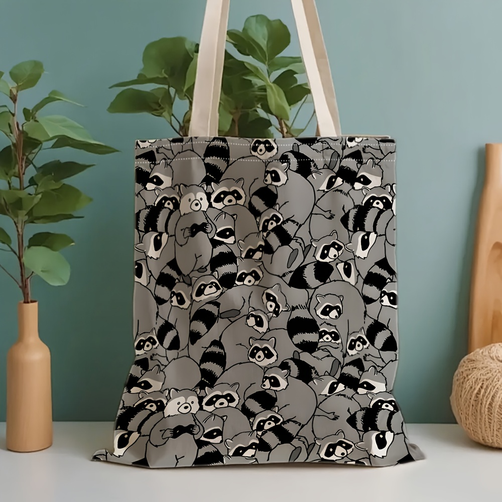 Gray Raccoon Tote Bag - Large Capacity Canvas Bag, Stationery Storage Bag, Gift Bag, Perfect For School, , Travel, Holidays, Shopping, Grocery Shopping And Everyday Use