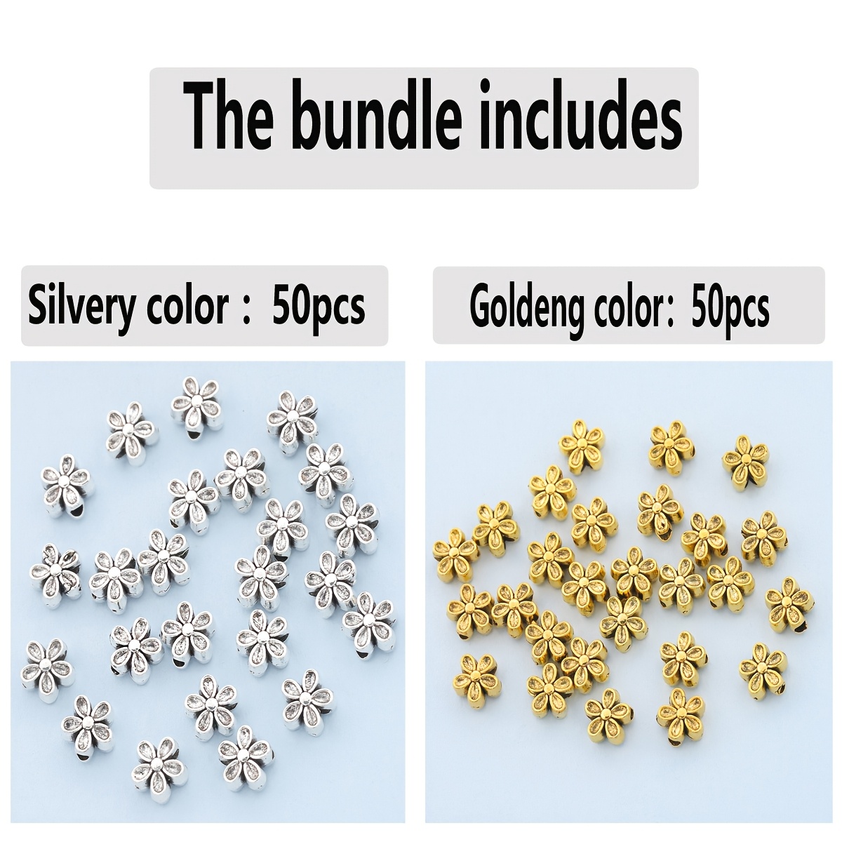 E-shop 100 Stk./50 Stk. doppelseitige, blumengestaltige Spacer-Perlen, 7 mm fünfblättrige lose Blumenperlen mit Löchern, geeignet für handgemachte