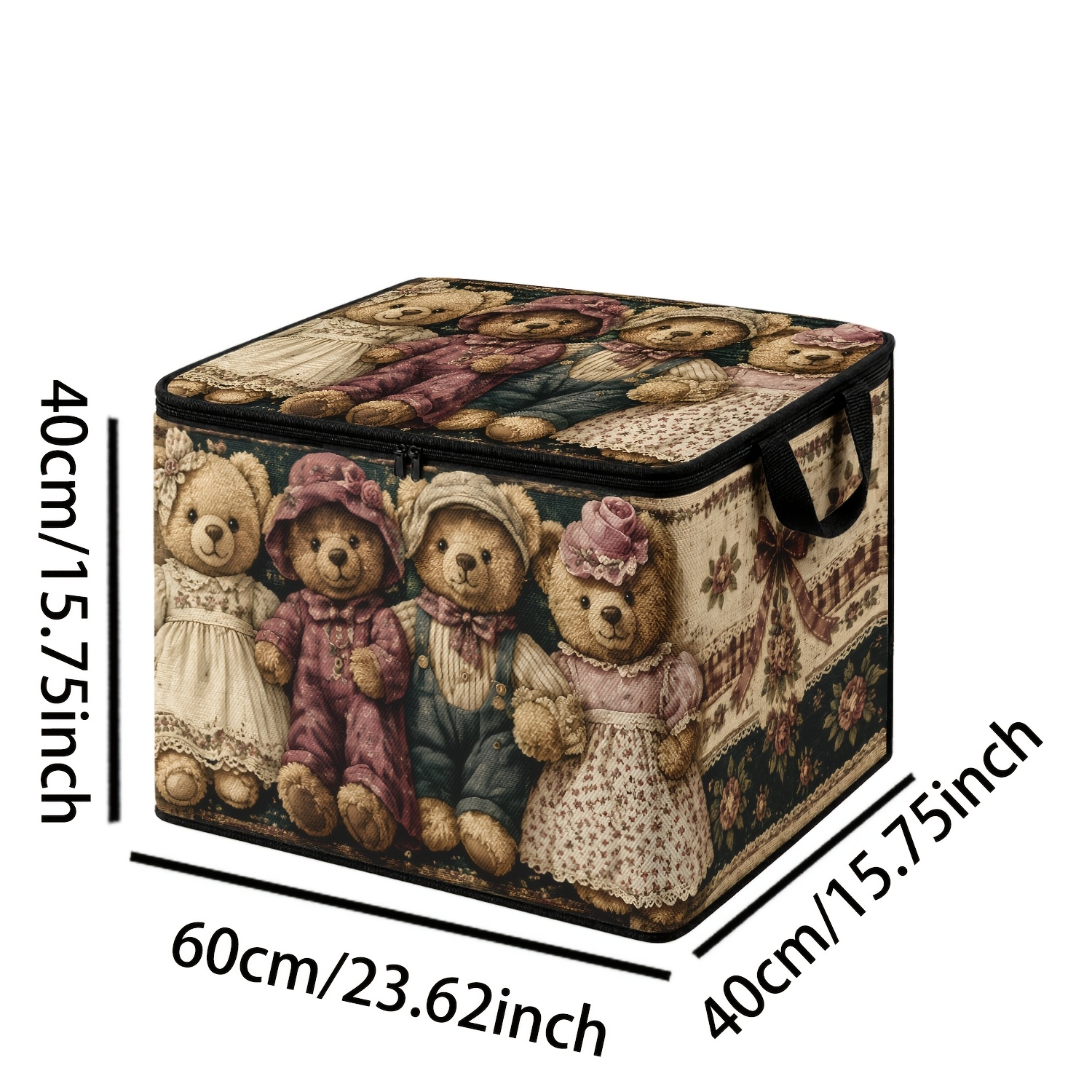TEMU Grande boîte de rangement 1 pièce en peluche vintage avec couvercle à double fermeture éclair et nœud - Organisateur en tissu non tissé adapté
