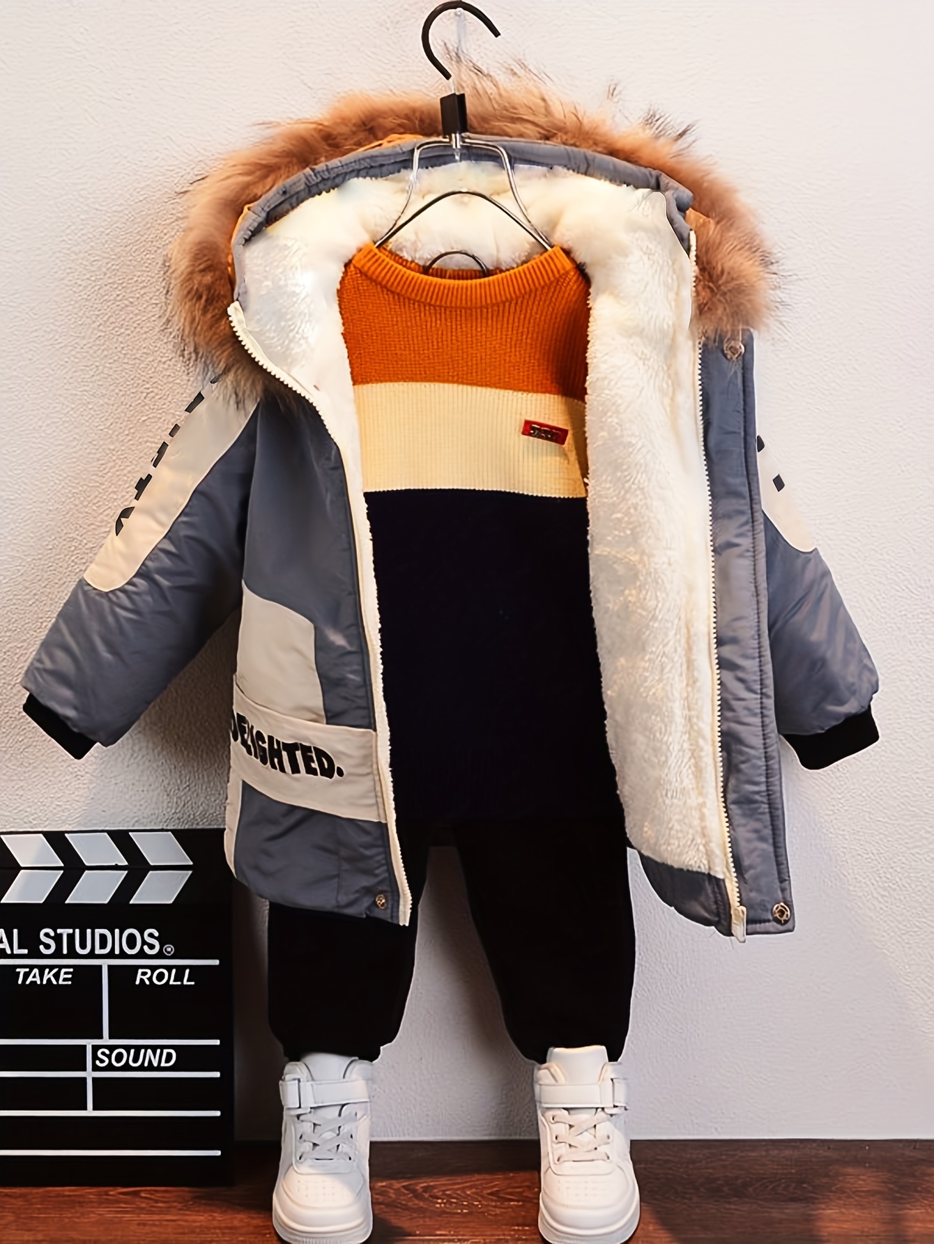 Boys' Winter Coat with Plush Hood & Faux Fur Lining - Thickened Cardigan Collar, Long Sleeve, Front Pockets, Regular Fit Casual Outerwear for Fall/Winter, Boy Winter Coat, Fall Winter Apparel, Durable Coating Finish