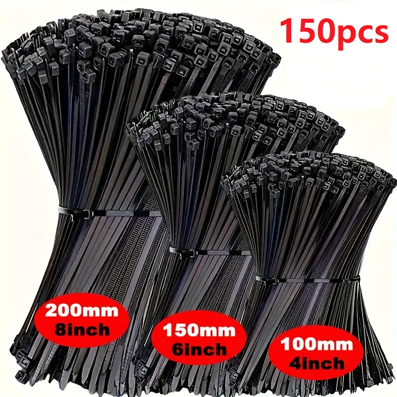 TEMU Upgraded 150pcs Black Nylon Cable Ties In 4.0/6.0/8.0 Inches, With Adjustable Self-locking Zipper, Anti-slip, Durable And Uv Resistant, Suitable