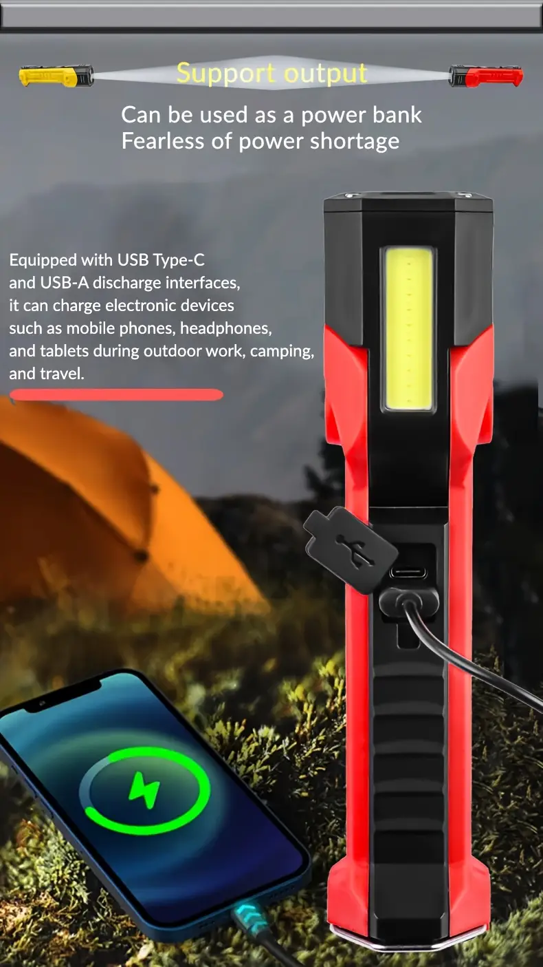 1pc multifunctional work light with cob side light usb charging led flashlight handheld torch with magnet 7 lighting 1500mah suitable for camping fishing night walking running details 3