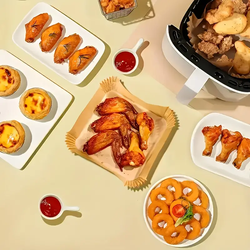 100pcs air fryer liners disposable 8 inch square non stick parchment paper oil proof heat resistant 450 for 5 12qt baskets microwave oven safe precut for compatible with all air fryers home baking holiday cooking halloween christmas easter thanksgiving accessories for air fryer air fryer liner xl oilproof paper material durable liner meal preppers Product details 5