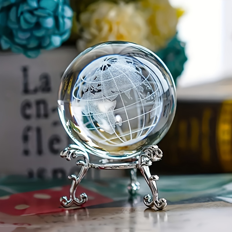 

1pc, Glass Globe With Metal Stand, Engraved Earth Sphere, Office Desk Decor, Creative Glass Ball Home Decoration, Living Room Craft Ornament