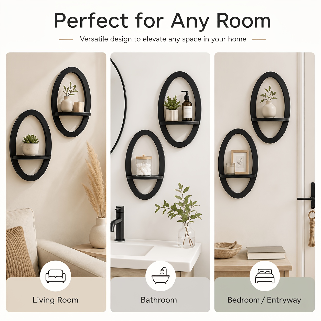 2pcs Matte Black Oval Frame Floating Wall Shelves