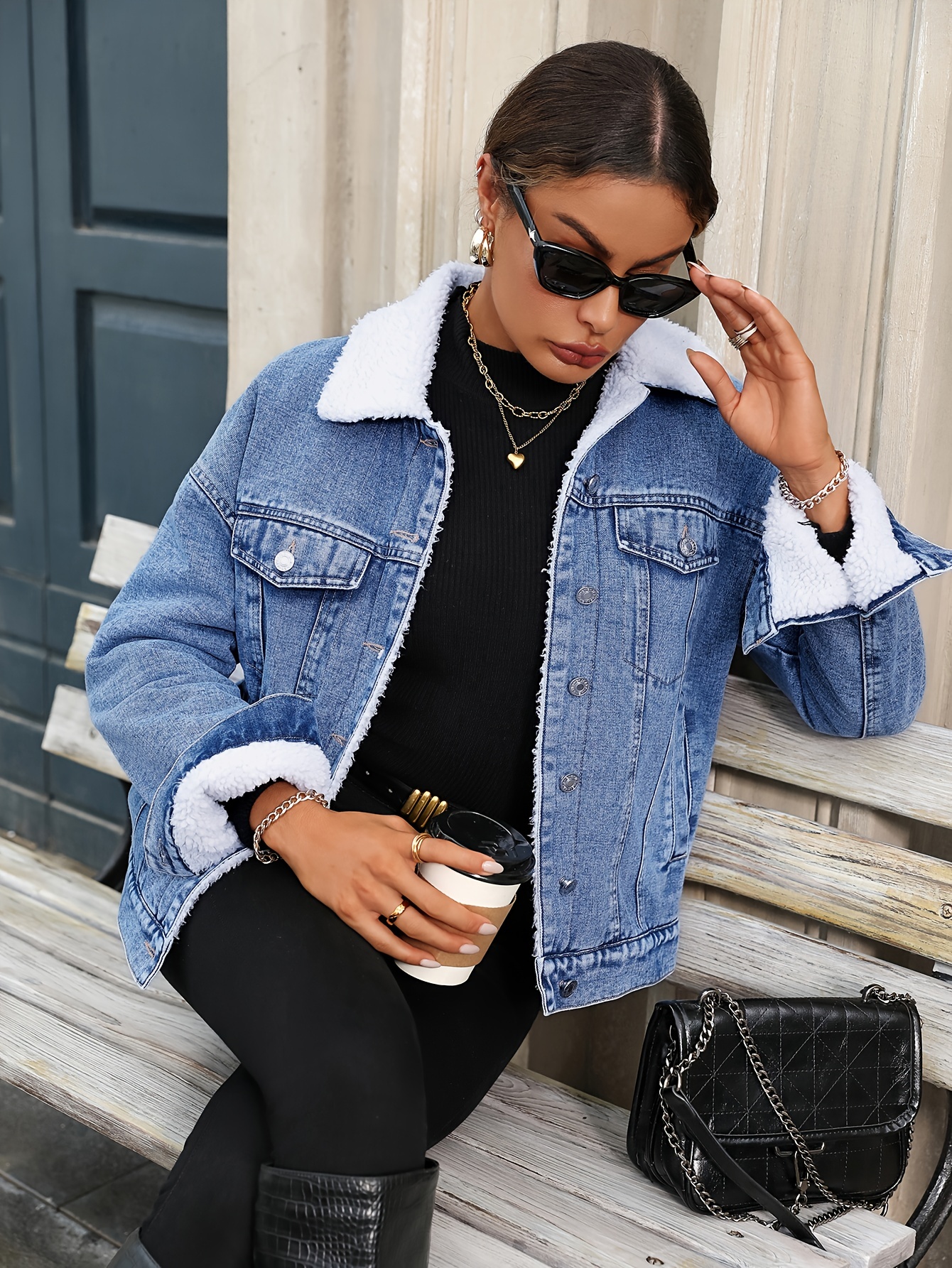 women's plus size fleece lined denim jacket elegant long Temu