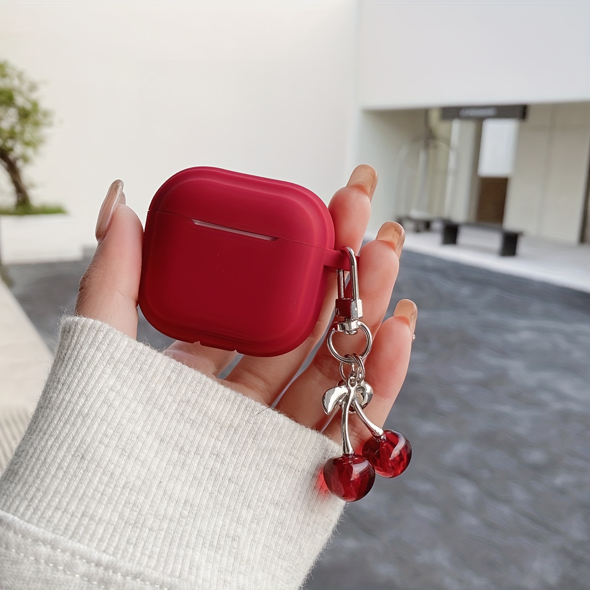 TEMU Cherry Pendant Earphone Case Solid Color For Airpods Pro3/1/2/3/4 Pro Anti-fall Soft Cover