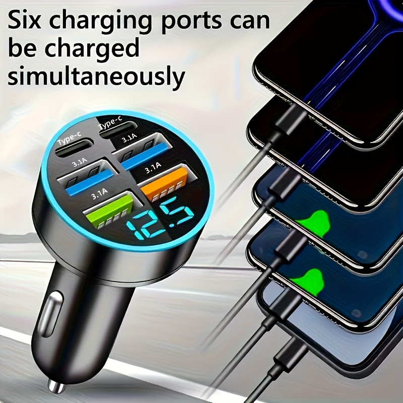 TEMU 1pc 6-in-1 Car Fast Charger, Usb Car Phone Charger Adapter With 4 Ports, Type-c Pd Fast Charging 3.0 Car Charger