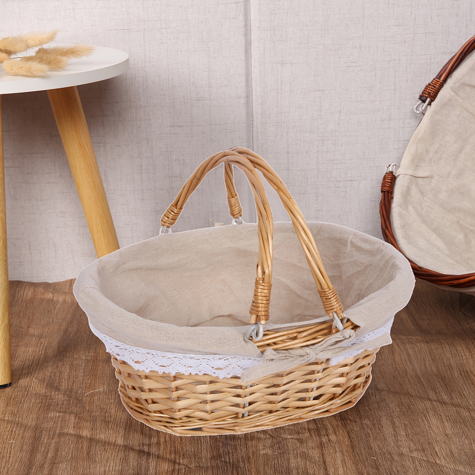 

[1pc Wicker Basket] Fdit Wicker Picnic Basket With Liner, Wood Frame, Multipurpose Empty Gift Basket, For Gardening, Harvesting, Storage, Fruit, Candy, Wedding, Christmas, New Year Celebration