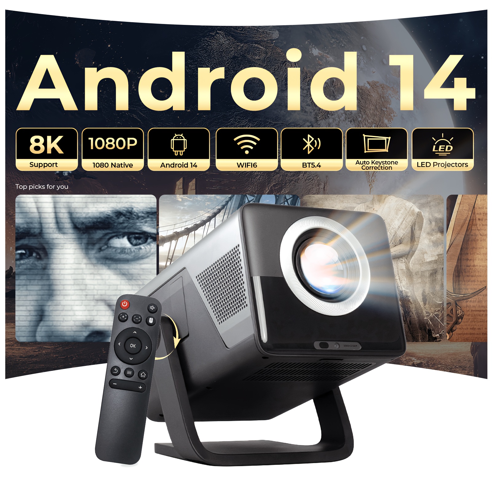 Image of 14 Tv, 8k Support 1080p Projector With Wifi6 And Bt 5.4, Built In App & 1500ansi, Auto Focus & Keystone Portable Projector With Stand, Indoor Movie Home Theater Proyector H726