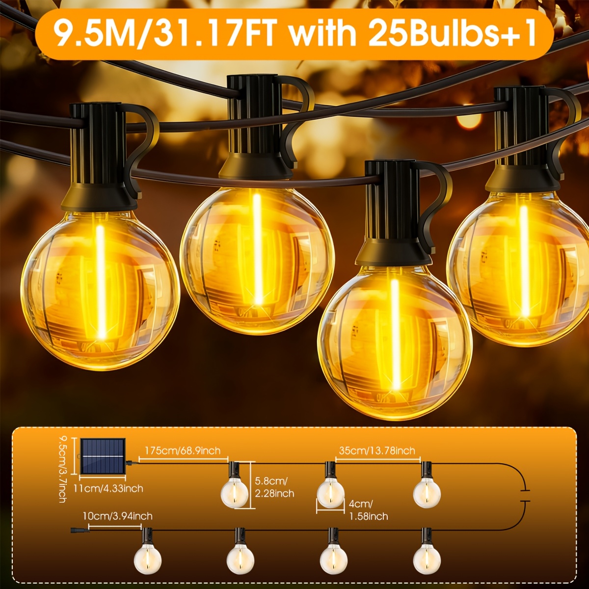 Image of Solar G40 String Lights, Up To 18m, Ip65, 8 Mode, Timer, Dimmable, Clear Bulbs With Warm Filaments, Hang On Patio/garden, Auto Turn , Perfect Ambiance Light