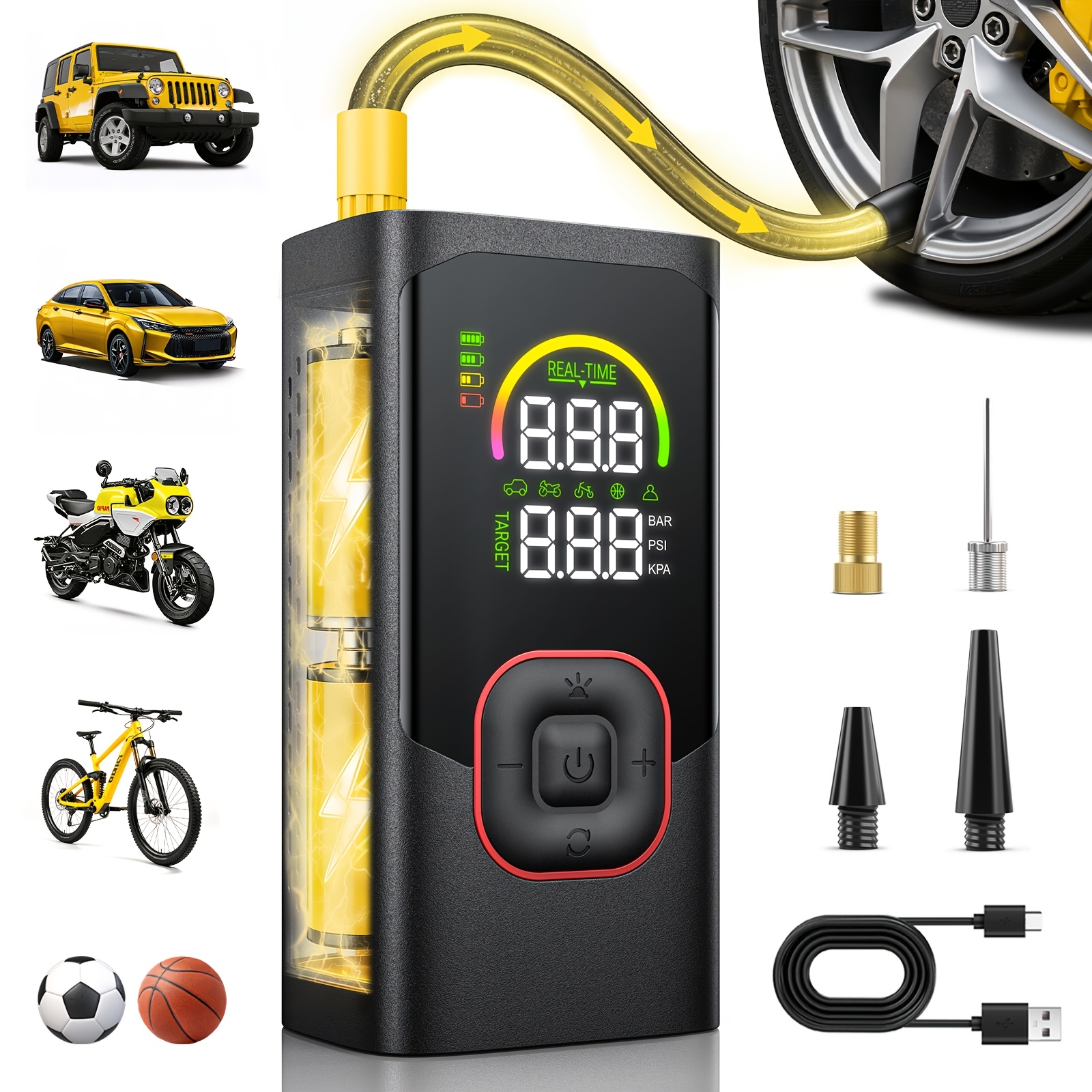 TEMU Display Tire Inflator, Portable Air Compressor, Fast Cordless Air Pump, Nozzle Adapter And Long-lasting Lithium Battery With Led Light For Car