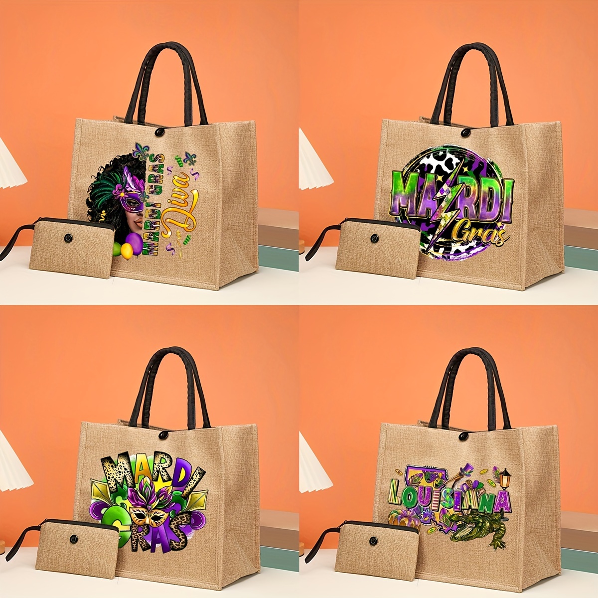 

2pcs Mardi Gras Pattern Tote Bag Set, Lightweight Burlap Shopping Bag, Portable Travel Beach Bag With Makeup Bag