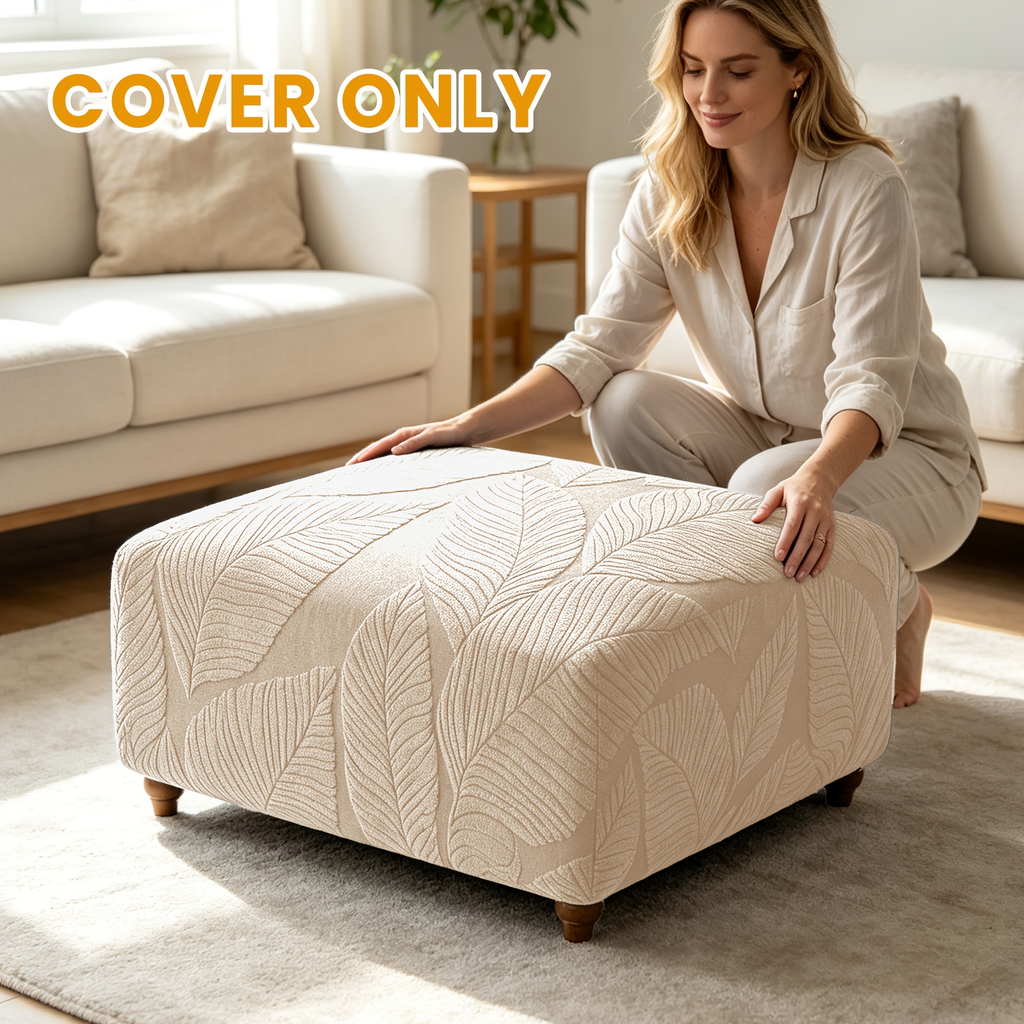 TEMU 1pc Large Stretch Ottoman Cover With Elastic Closure - Floral Jacquard Slipcover Suitable For Footstools, Stools, Benches, Machine Washable
