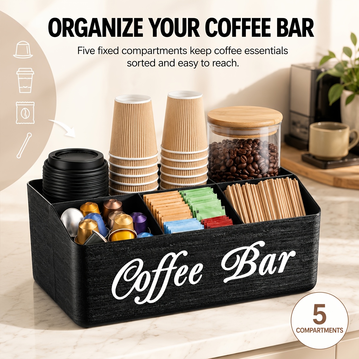 TEMU 1 support de bar à café, support de table pour sacs de café, boîte de rangement de bureau pour assaisonnements de café et de thé, décoration de