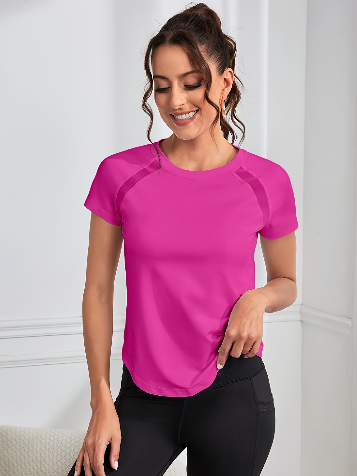 Camiseta Deportiva de Rápido para Mujer Top Transpirable y  Antitransparencia para Running, Yoga en Rosa (Lavable a Máquin
