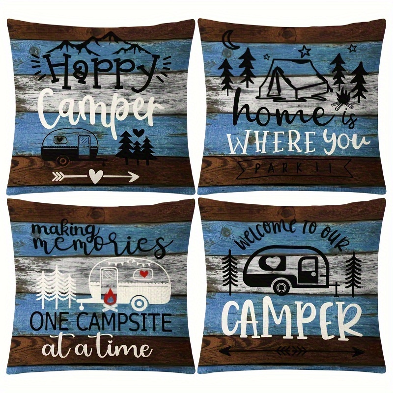 

4pcs Camping Printed Pillow Cover Linen Cushion Case Nordic Simple Sofa Pillow Case No Pillow Core, For Living Room Bed Sofa Couch Home Decor Cushion Cover