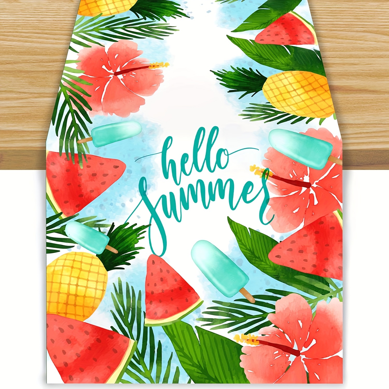 . Leinen-Tischläufer mit Ananas-Wassermelonen-Aquarellmuster für den Sommer, Sommer-Hawaii-Party,…: retailer-supplied image