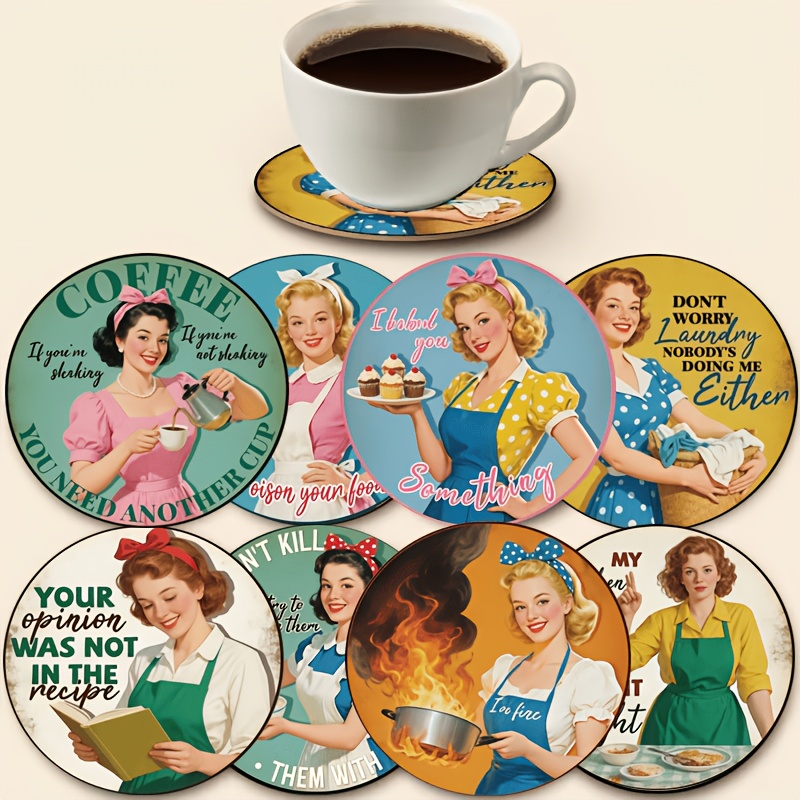 TEMU 8pcs Beautiful Women-themed Pattern Coasters Set, Wooden Coasters, Coffee Coasters, Home And Restaurant Decor Supplies, Suitable For Various