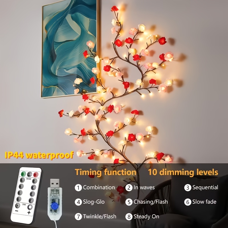 TEMU 96led Rose Vine String Lights, Ip44, Usb Powered With Remote Control, Romantic Diy Decor Gifts, Indoor Outdoor Wall Decor For Living Room