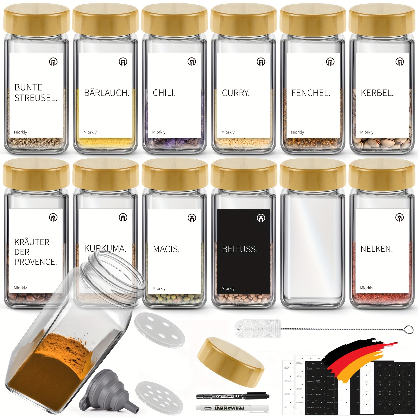 TEMU Miorkly 12 Spice Jars With Square Bamboo Lids, 4 Oz Spice Organiser, Spice Containers With Labels, Glass Spice Jars, Spice Shaker Jars, Sealed