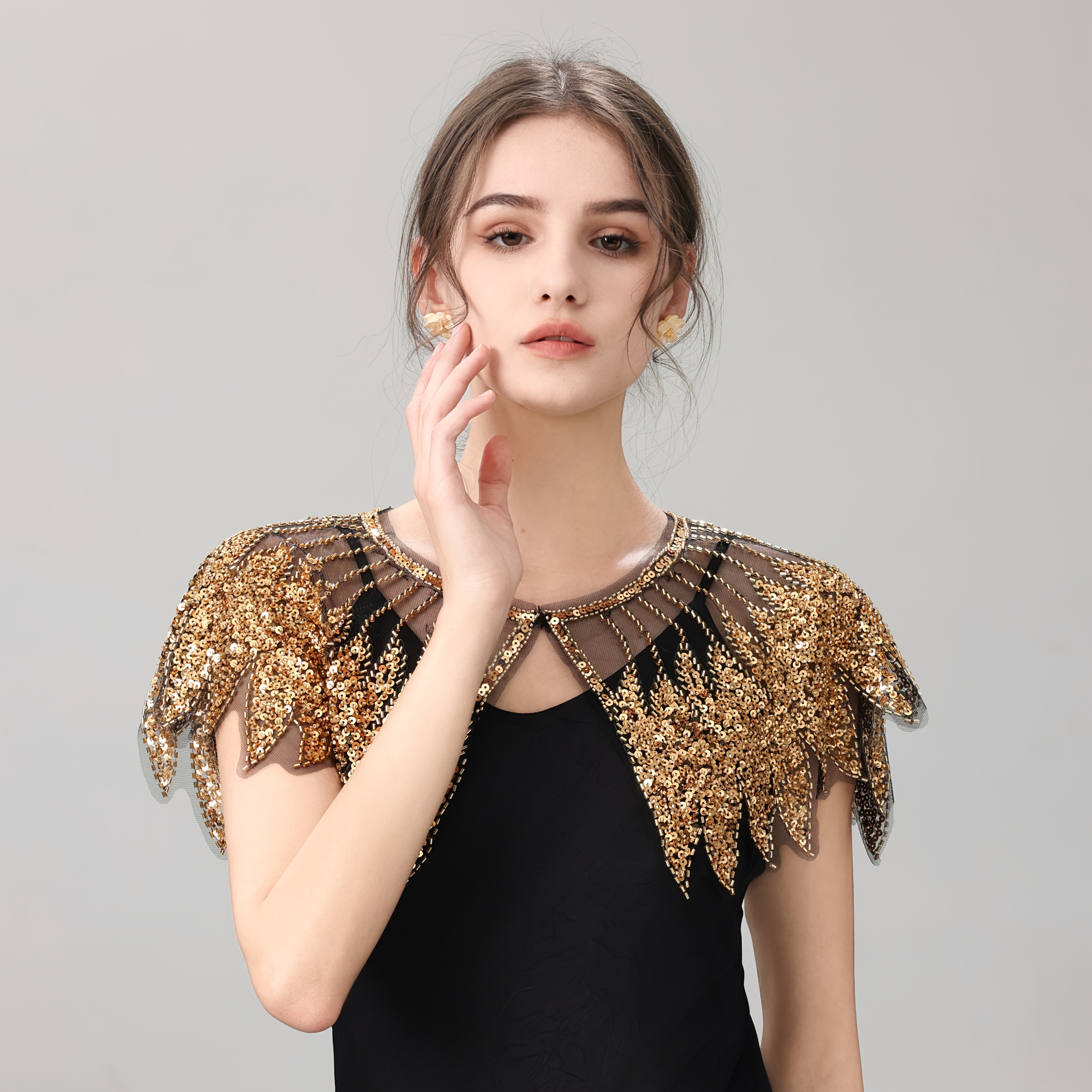  embroidered mesh knit fabric beaded tribal crew neck short length loose fit non stretch spring summer womens shrug for party and festival details 1