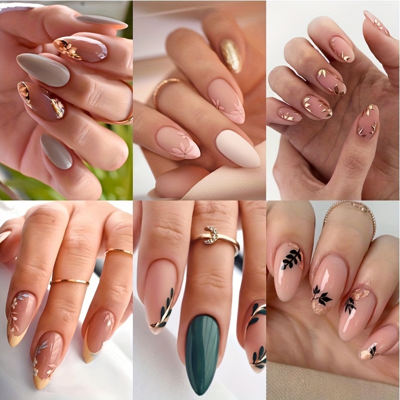 

144pcs French Tip Press On Nails Medium Length Fake Nails Almond Acrylic Nails Glossy Yellow Nails Almond Press On Nails Medium Length Acrylic Nails Nude Nails With Leaf Glossy Stick On Nails (6pack)