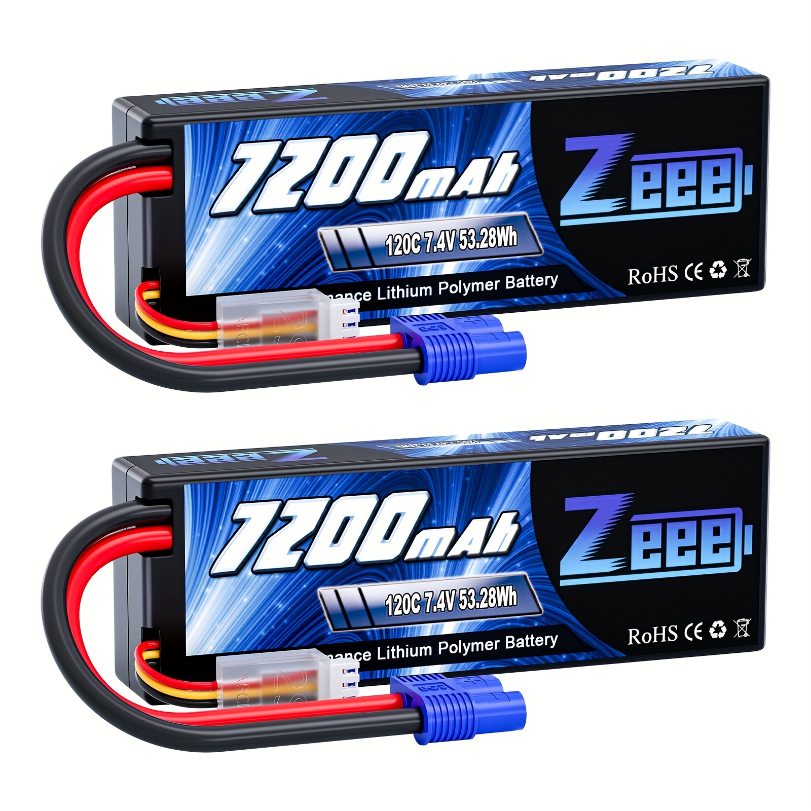 

Zeee 2s Lipo Battery 7200mah 7.4v 120c Hard Case Rc Battery With Ec3 Connector For Rc Car Truck Truggy Buggy Tank 1/10 Scale Racing Models (2 Pack)