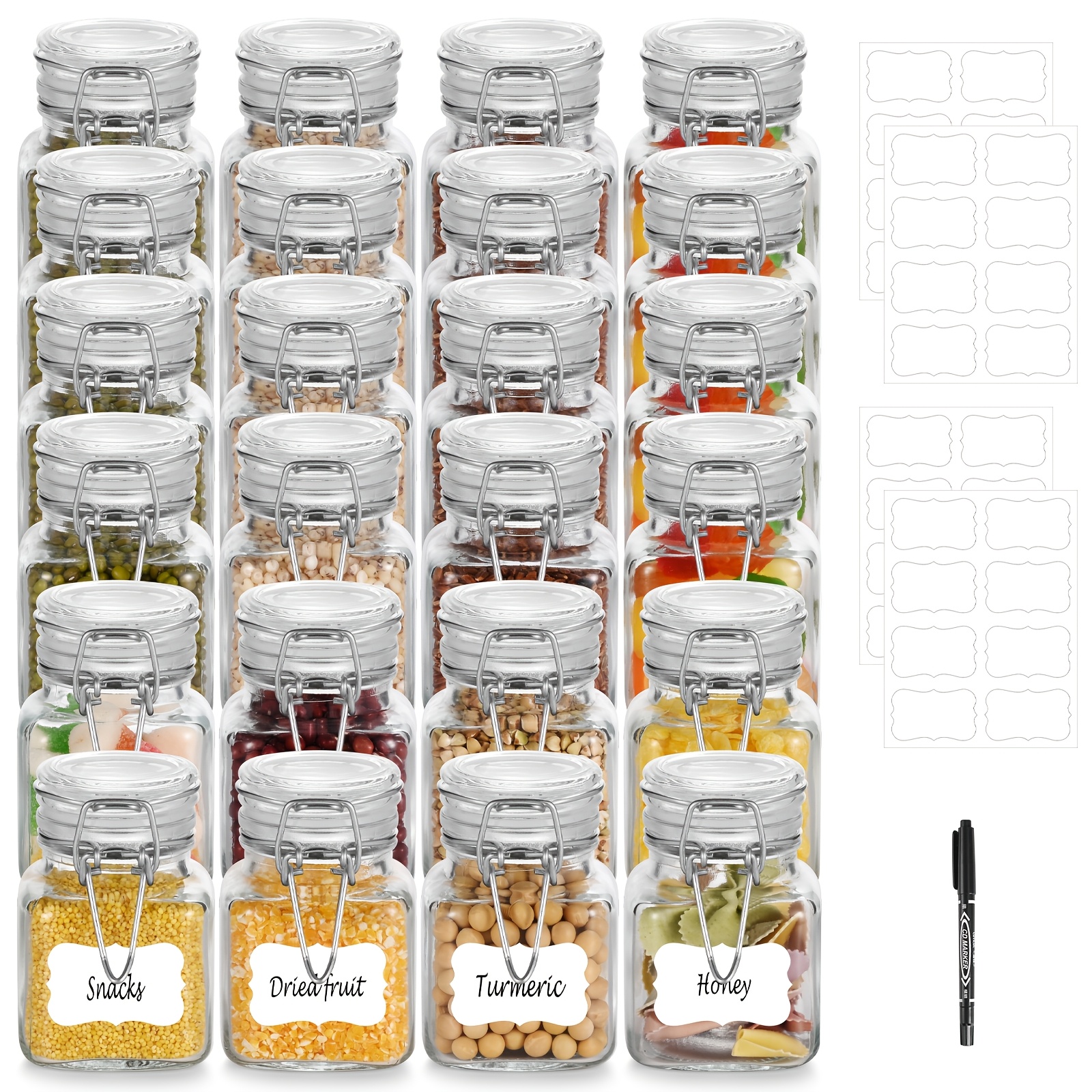 Image of 24pcs Glass Storage Jars With Airtight Lids, Kitchen Canisters For Grains, Spices, Herbs, Includes Labels And Marker, Gift With Versatile Glass Jars