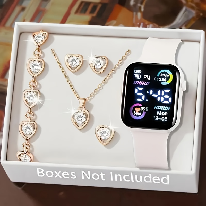 Juego de 6 piezas de reloj electrónico, collar, aretes y anillo rosa exquisito, elegante y de moda para adolescentes, niños y niñas. La elección perfecta para regalo de cumpleaños de un amigo, novia/novio, viaje, vacaciones, temporada de graduación, Halloween y Día de San Valentín