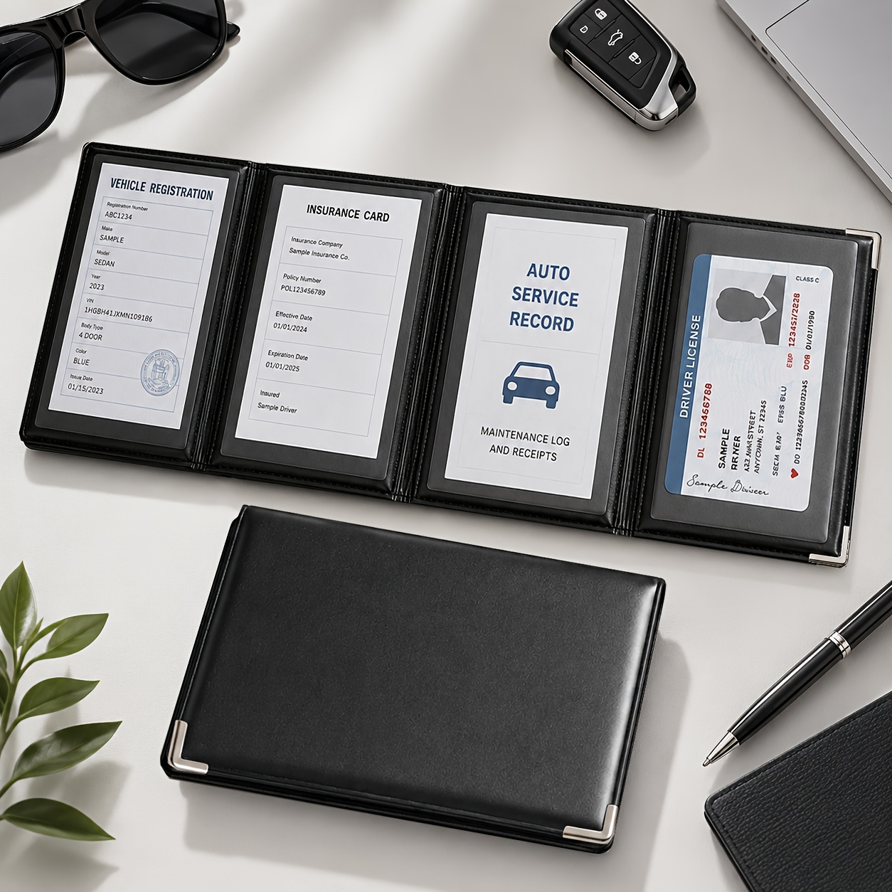 TEMU Porte-papiers de voiture pour l' et l', porte-documents pliable à 4 volets avec fenêtres transparentes en PVC, renforcés en métal, organisateur