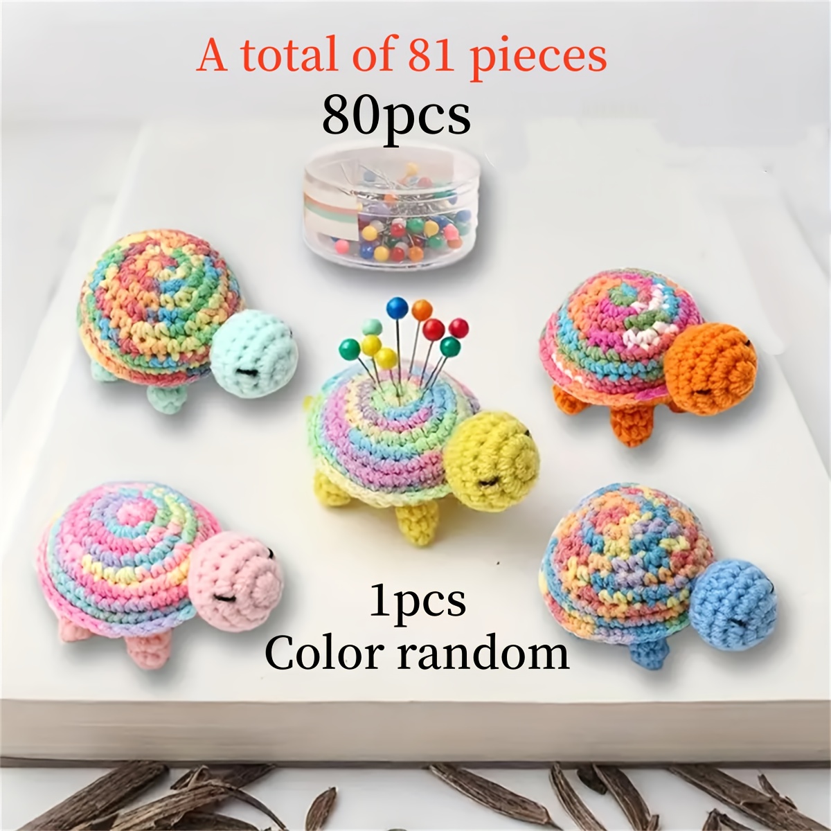 E-shop 81-teiliges Schildkrötenförmiges Nadelkissen-Set – Inklusive 1 Schildkröten-Nadelkissen 80 bunten Positionierungsnadeln – Handgestrickte