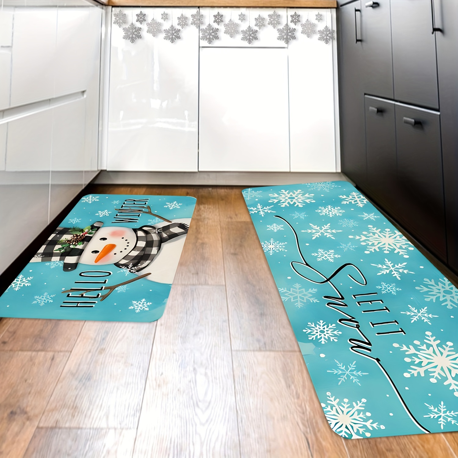 

Festive Hello Winter Snowman Blue Kitchen Rug - Let It Snow, Perfect For Christmas Decorating