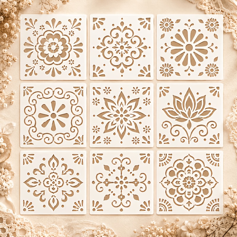 TEMU 9 plantillas de azulejo para pintar - Plantillas reutilizables de plástico PET con diseños múltiples de greca y simétricos/de pared, plantillas