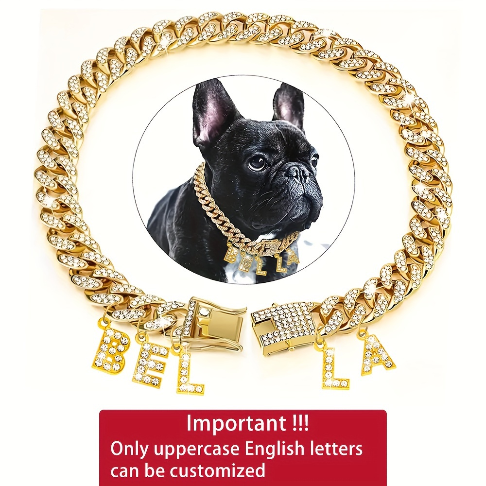 TEMU Sparkling Personalized Dog Necklace, Customized Dog Collar With Letter Pendant Tag - Rhinestone 13mm Dog Cuban Chain, With Design Collar